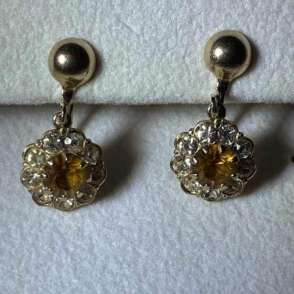 Vintage Coro Dangle Screw Back Earring Citirine /  Clear Rhinestone - Picture 2 of 5